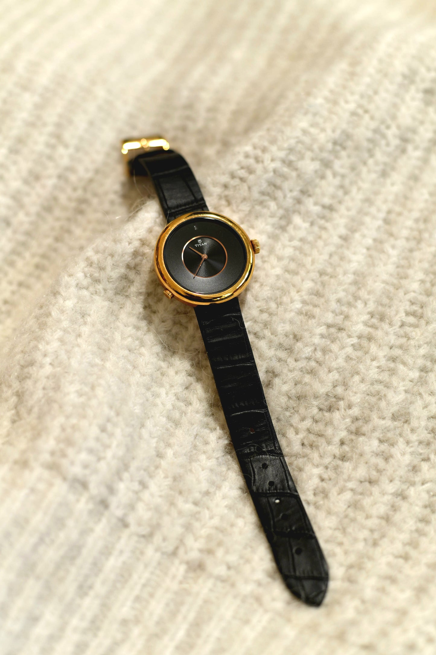 Titan We Black Dial Women Watch With Leather Strap
