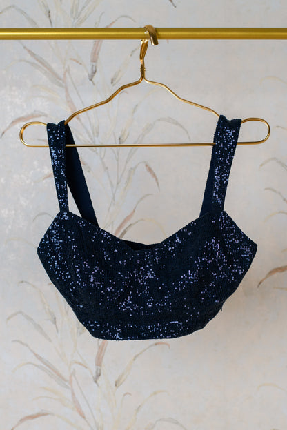 Ink Blue Sequin Crop top With Cups